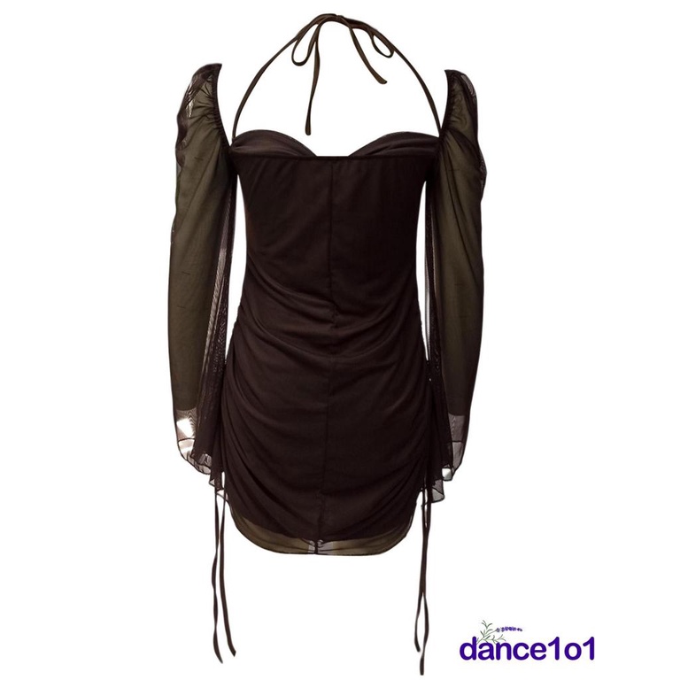 ✭QH★Women´s Solid Color Long Sleeve Drawstring Pleated Halter Neck Mini Dress