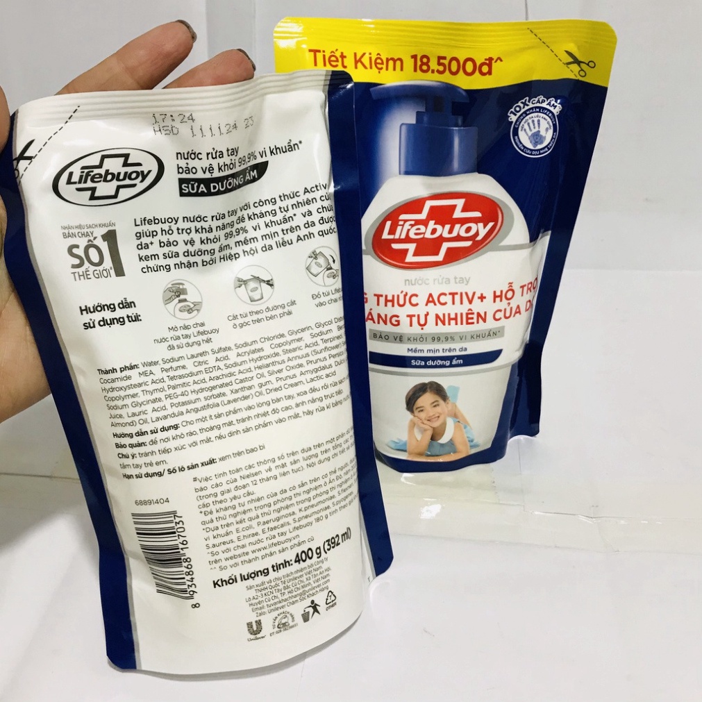 Túi Nước Rửa Tay Lifebuoy Giúp Sạch Khuẩn Và Bạc Bảo Vệ, Bảo Vệ Khỏi 99.9% Vi Khuẩn Gây Bệnh 400G