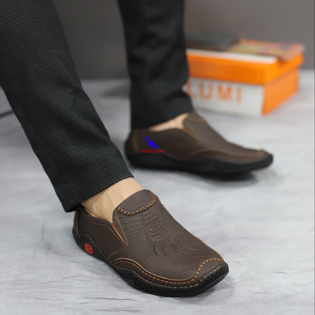 Giày lười nam da bò mẫu mới nhất công sở giày xỏ nam đế bệt cho lái xe ô tô slip on đẹp độc đáo hàng hiệu giá rẻ S-4 nâu