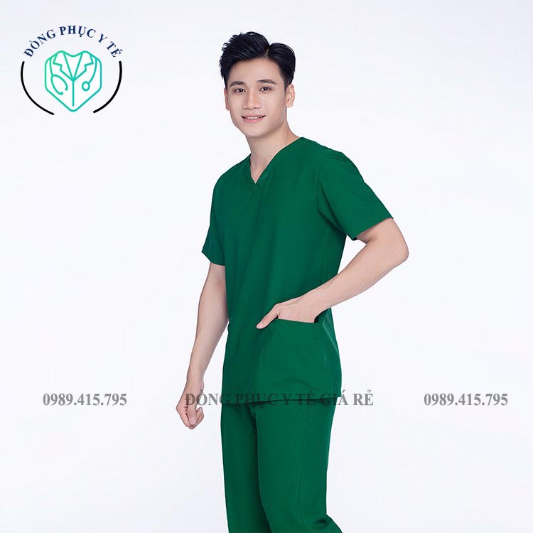 Bộ Scrubs Bác Sĩ Cao Cấp Màu Xanh Lá Cây, Y Tế Bộ Đồ Cổ Tim Vải Cotton