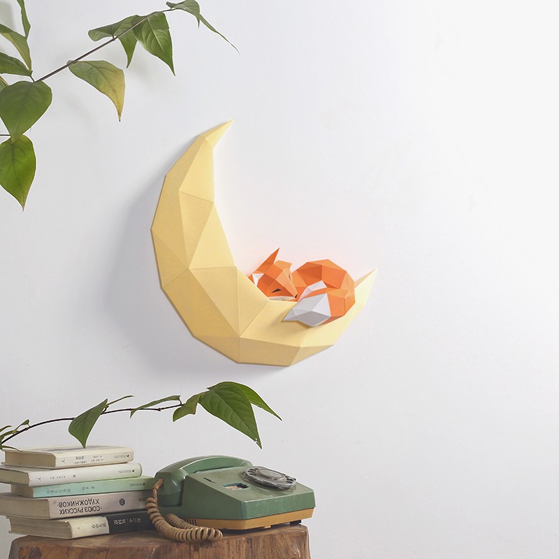 🦊Mô hình 3d DIY hình cáo nằm cung trăng trang trí