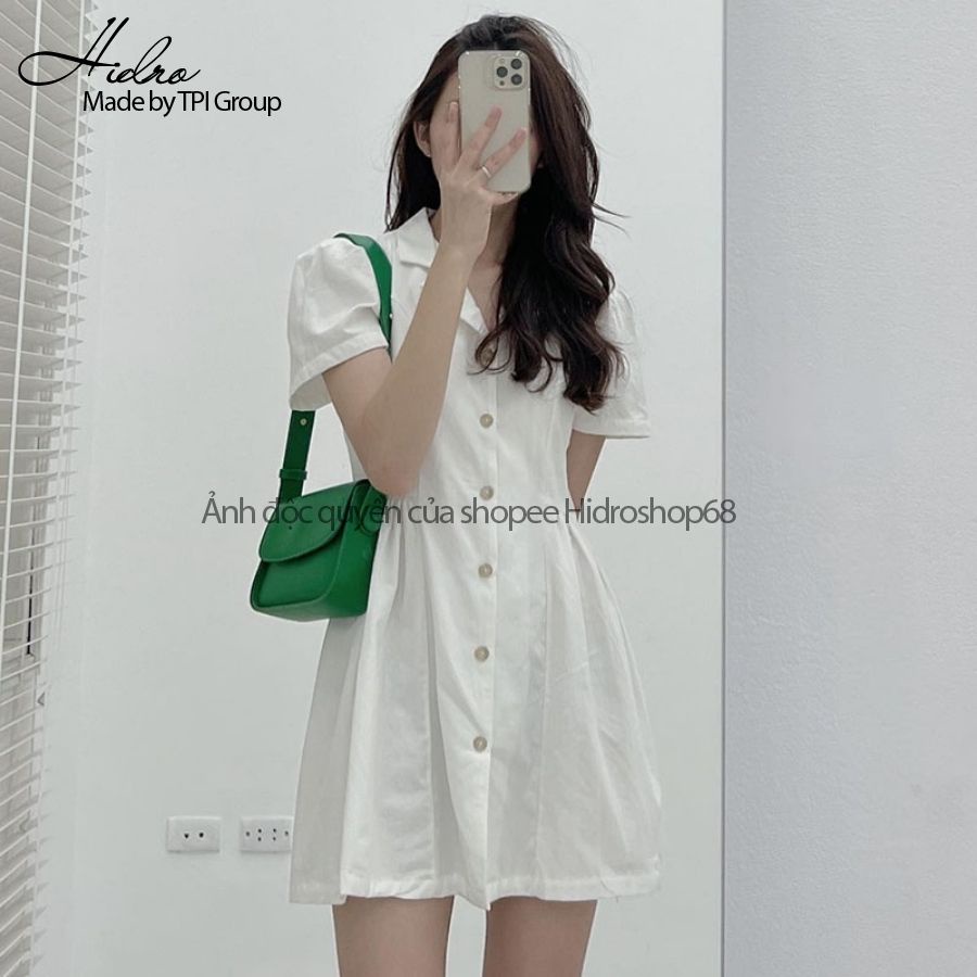 Váy sơ mi tay bồng chiết eo dáng chữ A chất mềm mát phong cách vintage