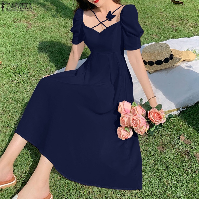 Đầm ZANZEA dáng dài tay phồng cổ vuông thời trang Hàn Quốc cho nữ