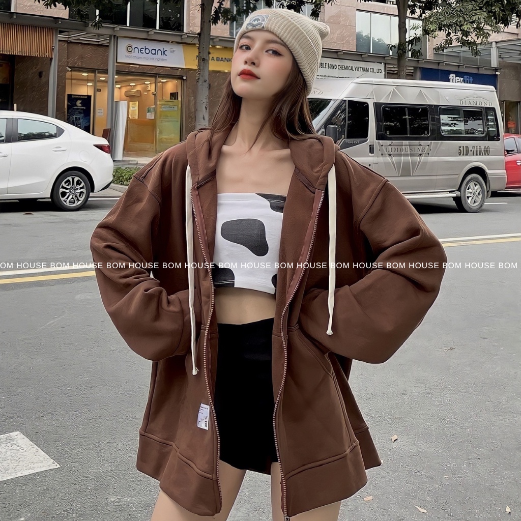 Áo Khoác Hoodie Zip Trơn Form Rộng BOM HOUSE Nam Nữ Ulzzang Unisex