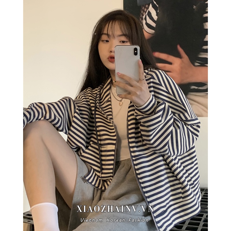Xiaozhainv Áo Khoác Có Mũ Trùm Tay Dài Dáng Rộng Kẻ Sọc Thời Trang Hàn Quốc Cho Nữ | BigBuy360 - bigbuy360.vn