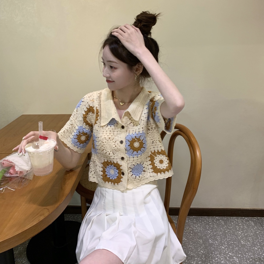 Áo Dệt Kim Ngắn Tay Phối Lỗ Thời Trang Cho Nữ