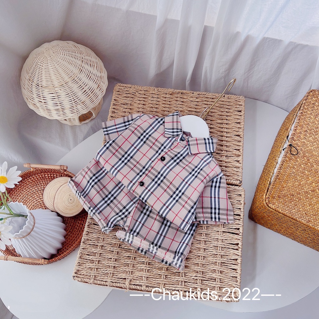 Bộ sơ mi kẻ nâu bbr 1 màu cho bé
