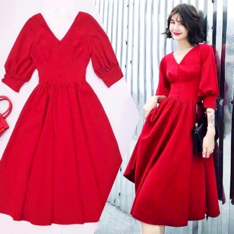 Đầm dự tiệc màu đỏ Linzstore - Váy xòe thiết kế cổ tim tay phồng chất Umi dày dặn, sang chảnh, váy dự tiệc, đi chơi | BigBuy360 - bigbuy360.vn