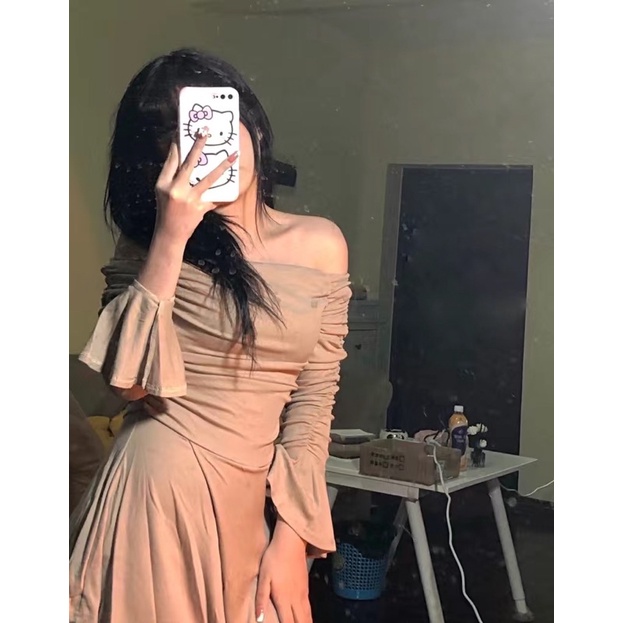 Váy trễ vai hai màu đen be phom tôn dáng hack chân cực xinh - Váy đầm nữ dáng xoè hở vai