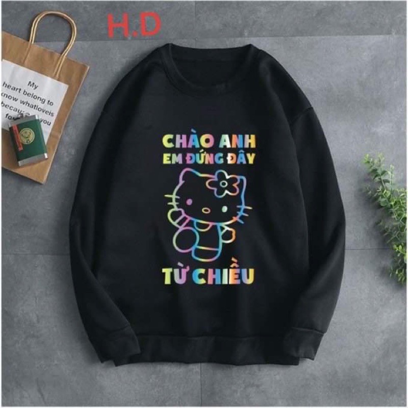 Áo nỉ phản quang mèo chào anh HĐ12, Áo nỉ Unisex from rộng, Chất nỉ ấm mặc không xù, thiết kế phong cách - MODY