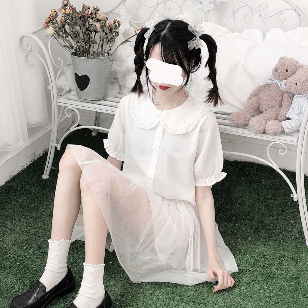 Áo sơ mi trắng tay ngắn cổ búp bê phong cách Lolita Nhật Bản dễ thương dành cho nữ