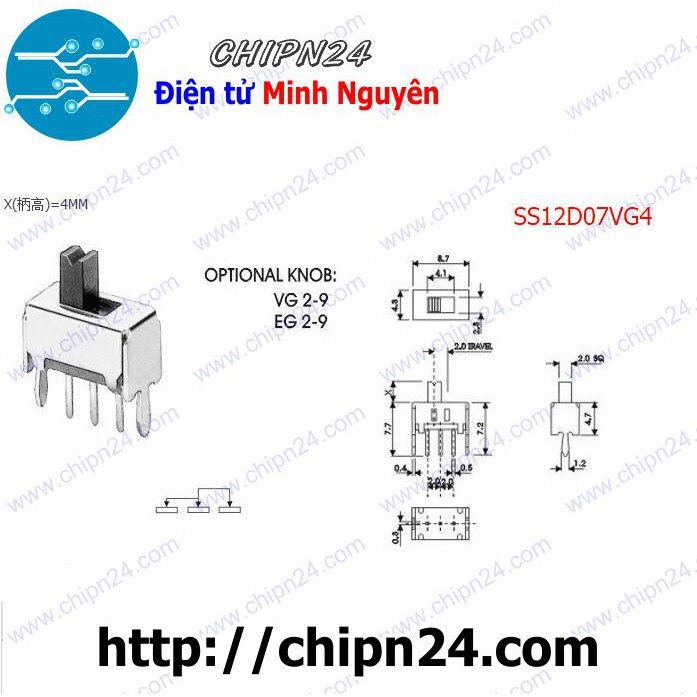 [5 CÁI] (KG1) Công Tắc Gạt 2mm SS12D07 VG3 Thẳng (3 chân 2 vị trí)