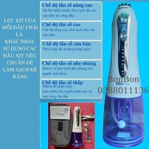 Máy tăm nước cầm tay vệ sinh răng miệng h2ofloss HF9P chất liệu cao cấp 5 chế độ Tặng túi vải đựng máy