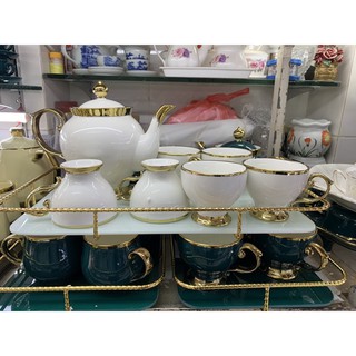 Bộ ấm chén sứ trắng khay viền vàng