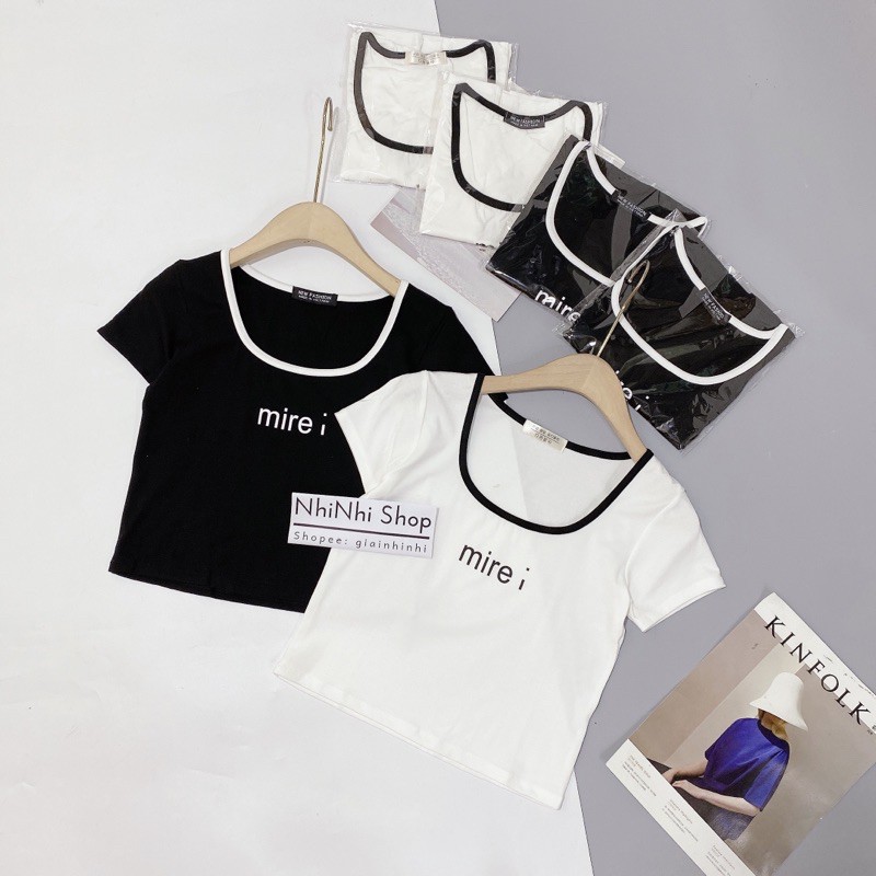 Áo thun kiểu dáng croptop cổ viền, Áo kiểu in chữ ngắn tay AT0005 - NhiNhi Shop