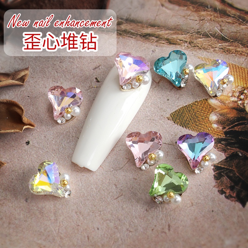 Net red Mới manicure Trái Tim Đính Đá Kim Cương Giả Hợp Kim Trang Trí Móng Tay Hình Trái Tim Màu Đỏ Phong Cách crooked