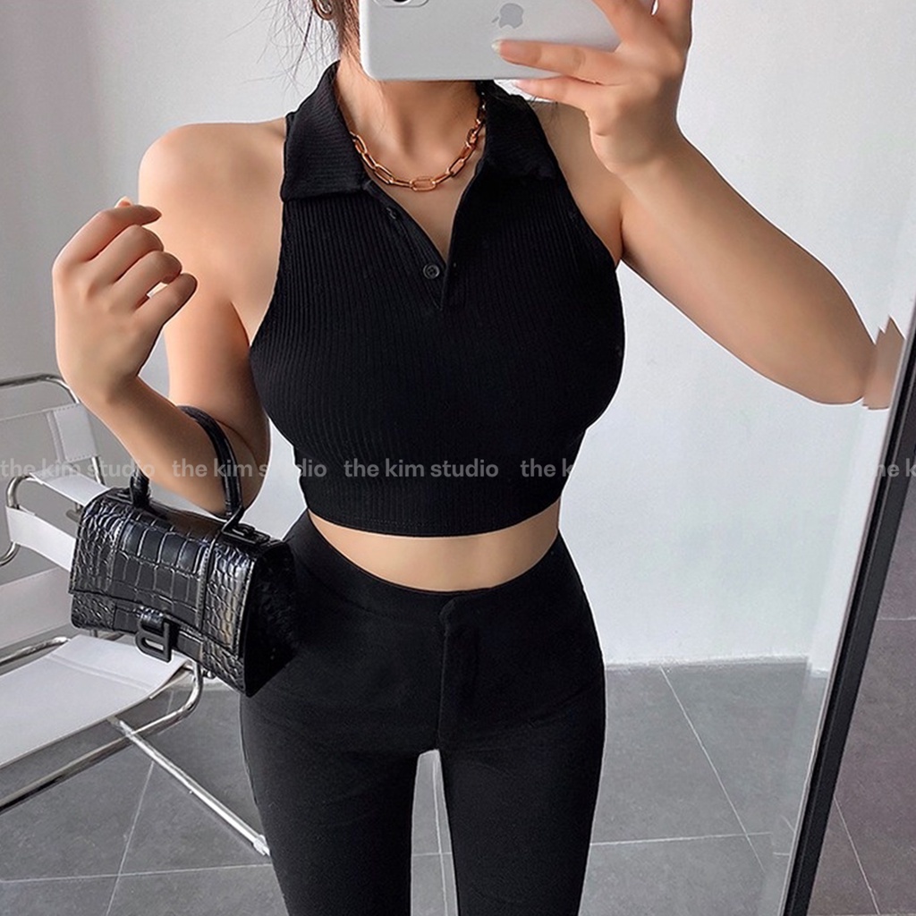 Áo croptop ba lỗ cổ polo cài cúc cổ TheKim , thun tăm 3 lỗ cổ đức A142