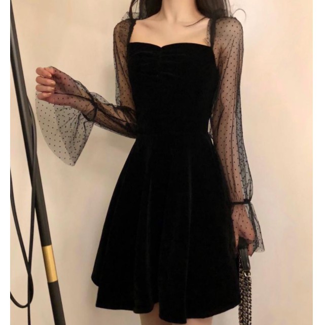 Korean style square neck long sleeve A-line dress for women