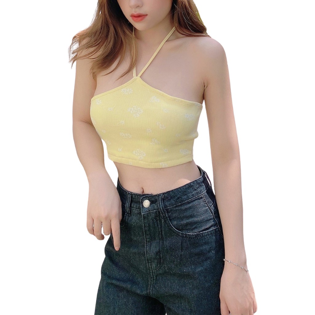 Áo Croptop Nữ Cổ Yếm Cột Dây Hoa Nhí FreesizeThun Gân LA BOUTIQUE LA11 | BigBuy360 - bigbuy360.vn