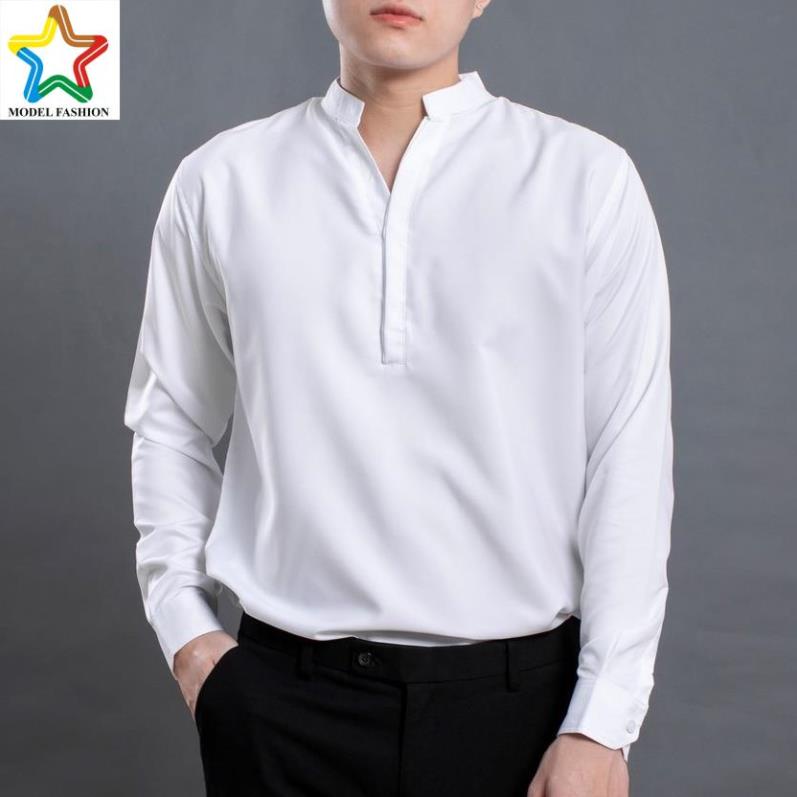 Áo sơ mi nam cổ trụ vải lụa PHL - 18045 chất mềm mịn form chuẩn phong cách Hàn Quốc