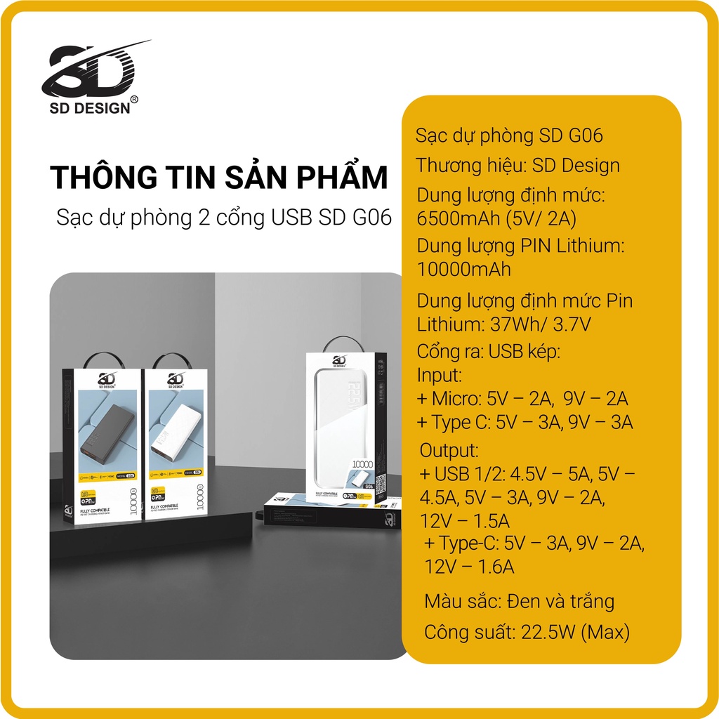 Sạc dự phòng 22,5W chính hãng SD DESIGN G06 dung lượng 10.000 mAh dùng được cho mọi điện thoại