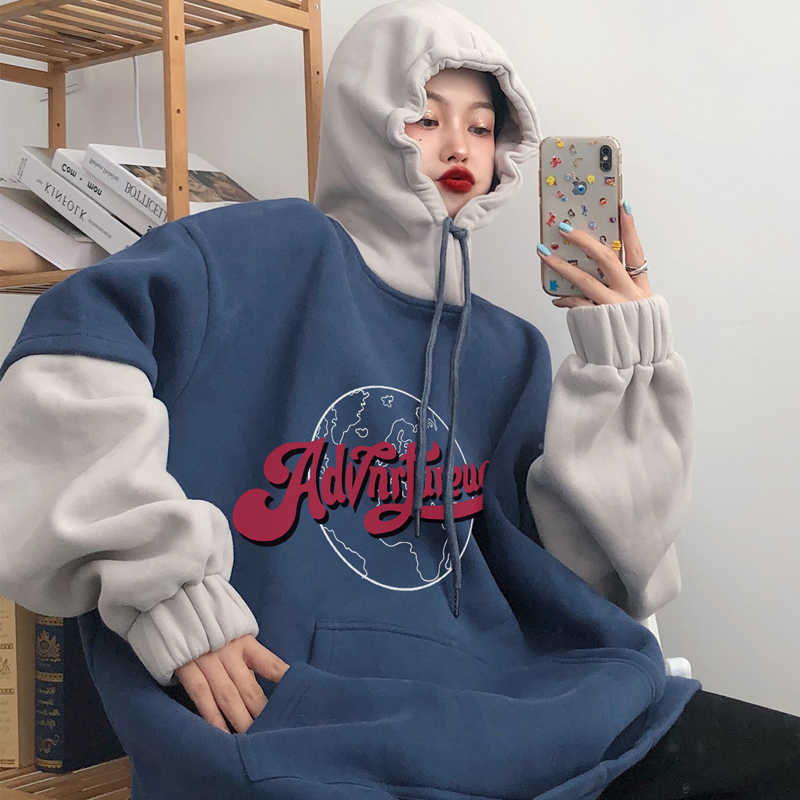 Korean version plus velvet thick fake two piece stitching loose letters long-sleeved sweater