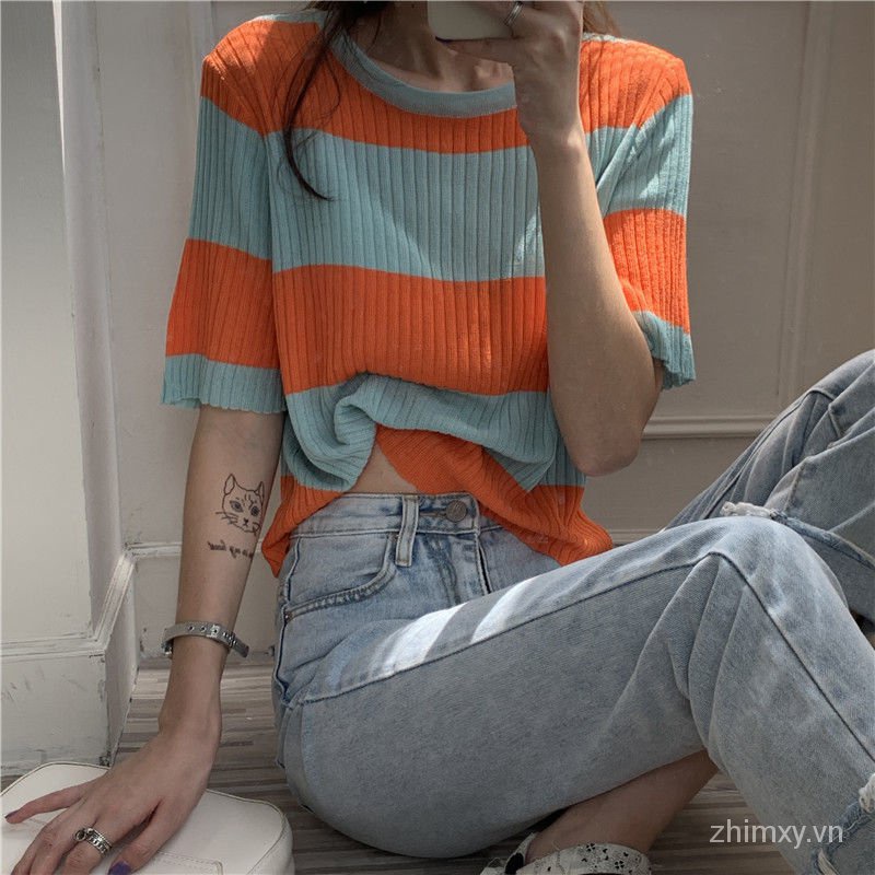 Áo dệt kim Do Dower tay ngắn dáng rộng họa tiết kẻ sọc màu tương phản thời trang mùa hè Hàn Quốc cho nữ | BigBuy360 - bigbuy360.vn