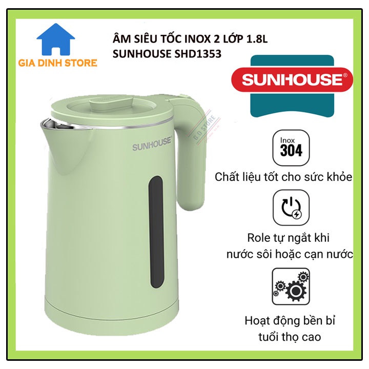 Ấm siêu tốc Sunhouse SHD1353 màu xanh thời trang, công suất lớn 1500W, dung tích 1.8L, 2 lớp chống nóng