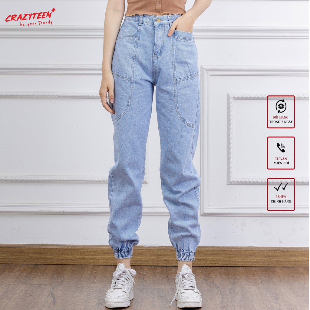 Quần jean nữ CRAZYTEEN dáng jogger ống bo chun phối đường may độc đáo K0064