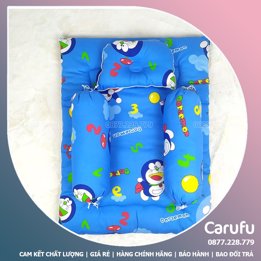 Bộ Nệm Gối cho bé sơ sinh CARUFU | Nệm + Gối Lõm + 2 Gối Ôm | Cotton Thắng Lợi và CARA siêu êm mát và giặt máy thoải mái
