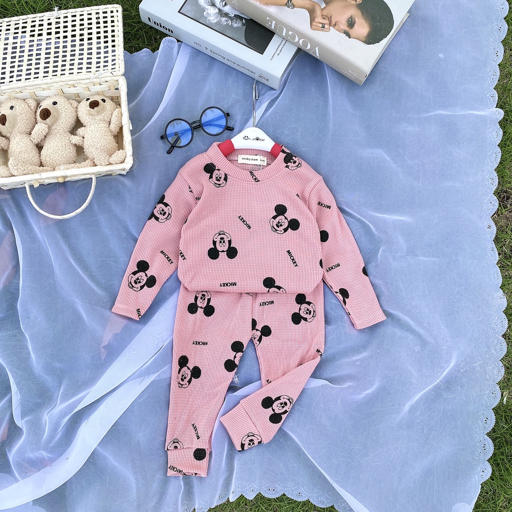 Bộ dài tay thu đông cho bé trai bé gái 8-18kg, vải tổ ong cao cấp, họa tiết Mickey ngộ nghĩnh - BO102