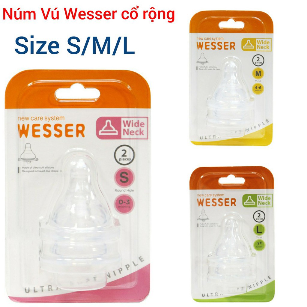 [Vỉ 2 Núm] Núm Vú  Wesser Cổ Rộng S/M/L/+  FREESHIP  Núm Vú Bình Sữa Cổ Rộng Wesser Size S/M/L+