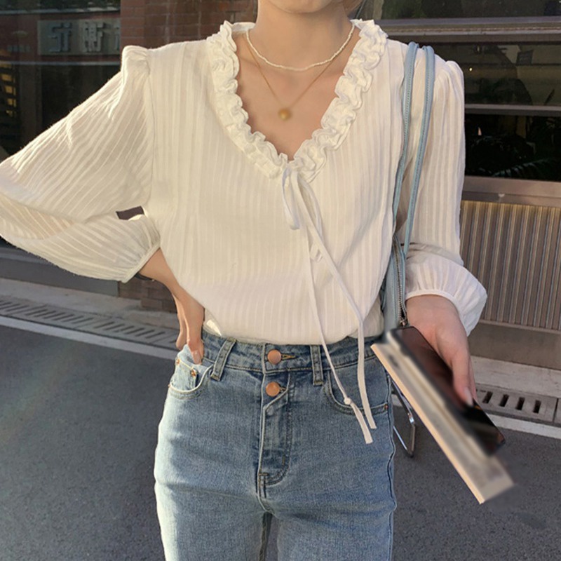 Áo sơ mi tay dài cổ chữ V màu sắc ngọt ngào phong cách Hàn Quốc thời trang cho nữ