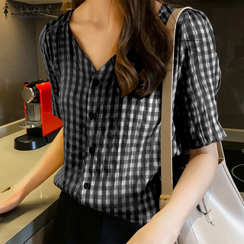 Áo sơ mi Zanzea tay lửng cổ chữ V họa tiết kẻ caro thời trang Hàn Quốc cho nữ