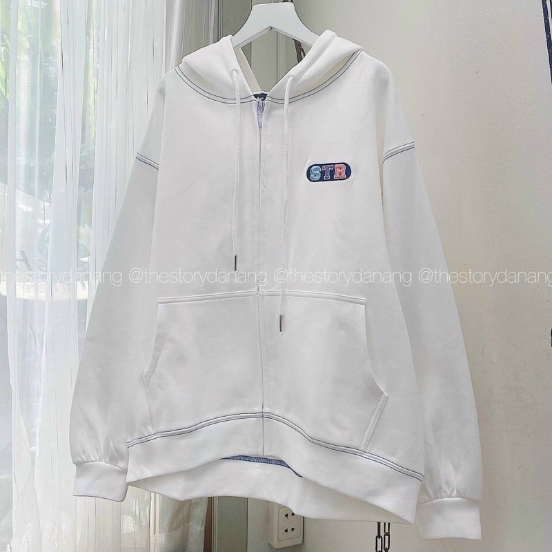 Áo khoác nỉ nam nữ STR hoodie full zip đen trắng kem form rộng bo gấu tay phồng hàn quốc -áo khoác ulzzang