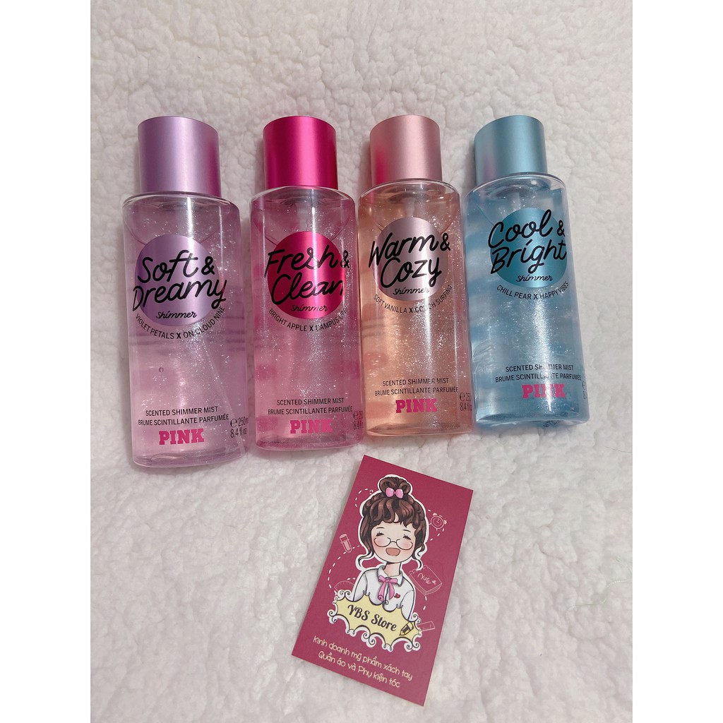 Cool & Bright/Beach Flower/Soft Dreamy Nước hoa Xịt thơm toàn thân Victoria's Secret Pink Scented Mist 250ml