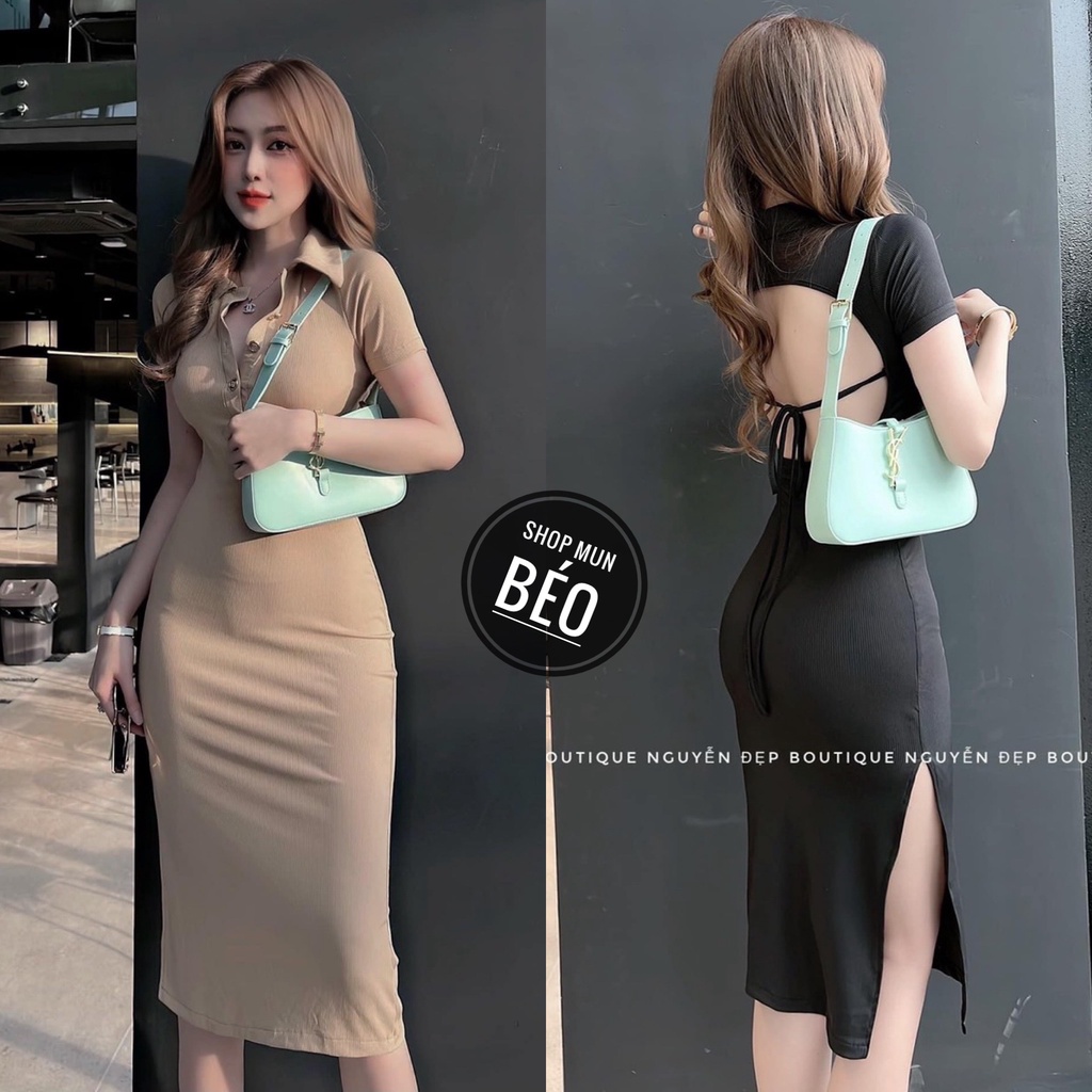Đầm cổ trụ hở lưng xẻ đùi chất thun gân thích hợp mặc đi làm đi chơi phù hợp với mọi phong cách