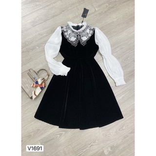 Váy nhung đen cổ ren mẹ và bé