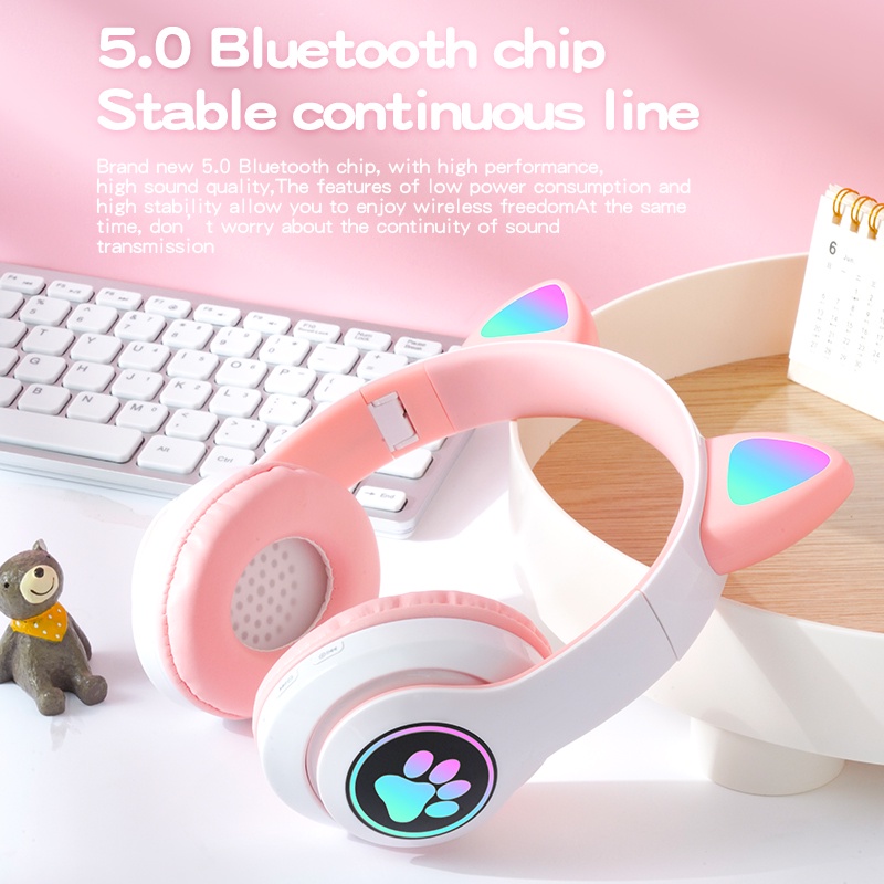 Tai Nghe Bluetooth 5.0 Không Dây Có Micrô Thiết Kế Tai Mèo Âm Siêu Trầm ÂM Thanh Nổi Hifi Nhấp Nháy Đèn RGB