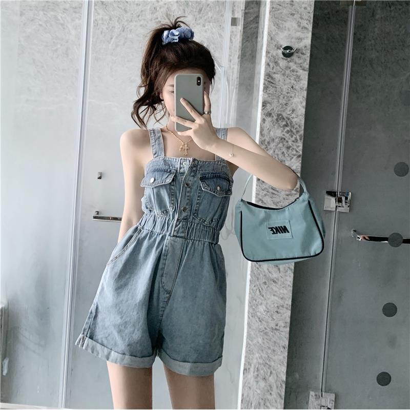 Quần Yếm Denim Ngắn Dáng Rộng Lưng Cao Thời Trang Mùa Hè Hàn Quốc Mới 2020 Cho Nữ