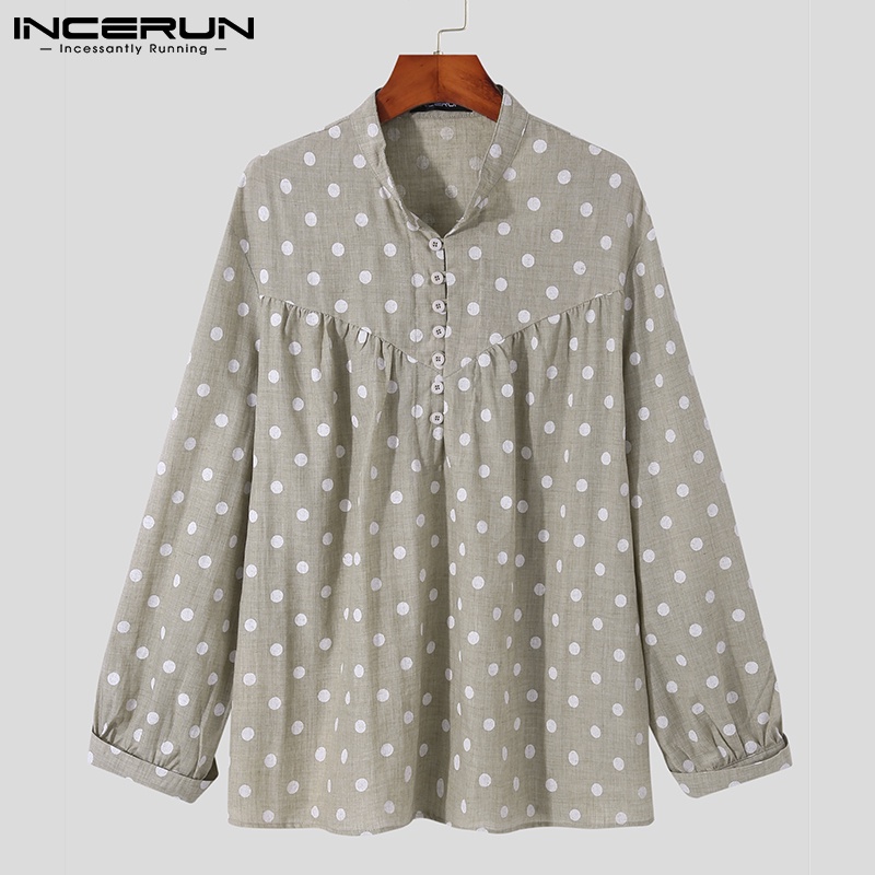 Áo sơ mi INCERUN dáng rộng tay dài họa tiết chấm bi thời trang vintage cho nam