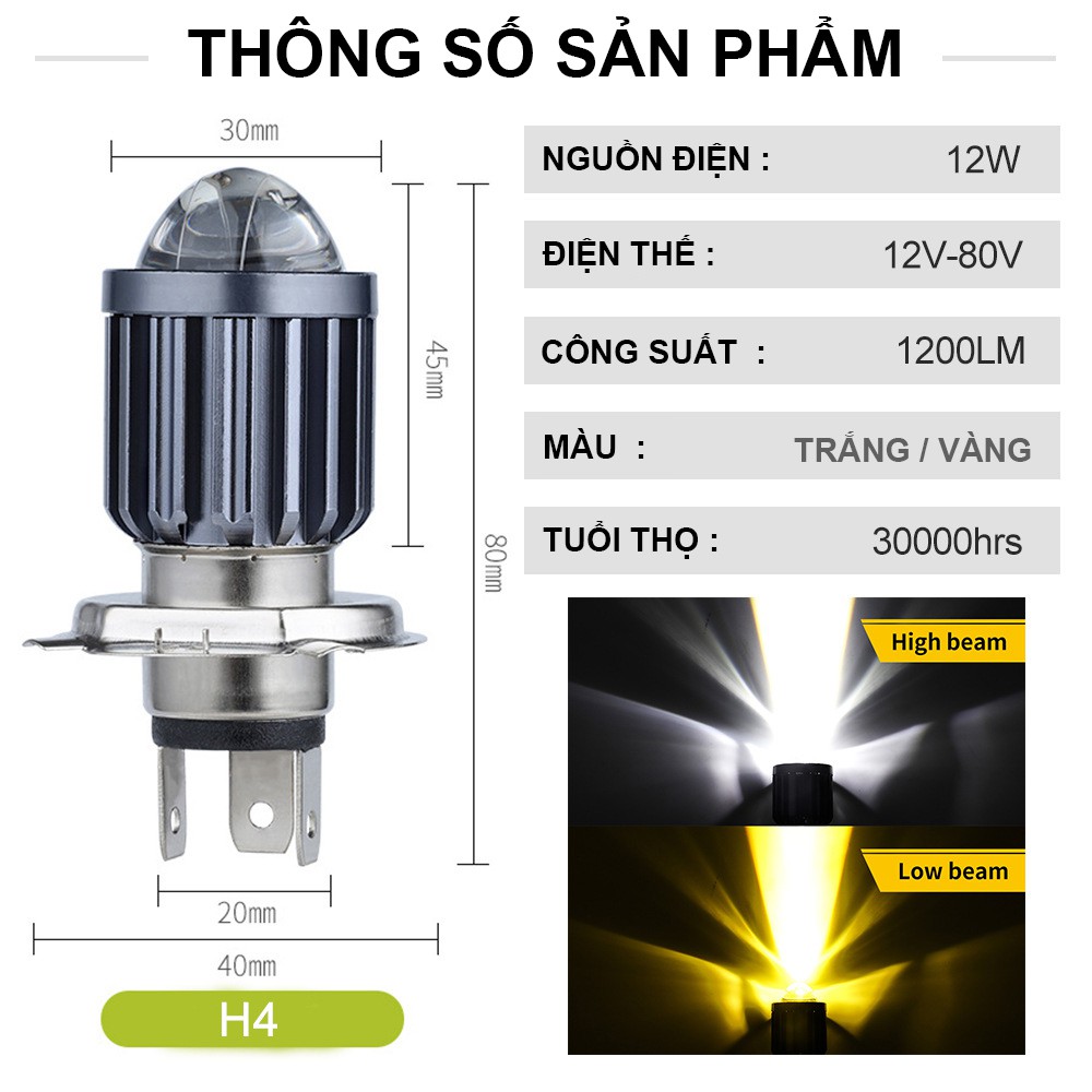 Đèn led Bi cầu H4 Mini siêu sáng cos vàng pha trắng
