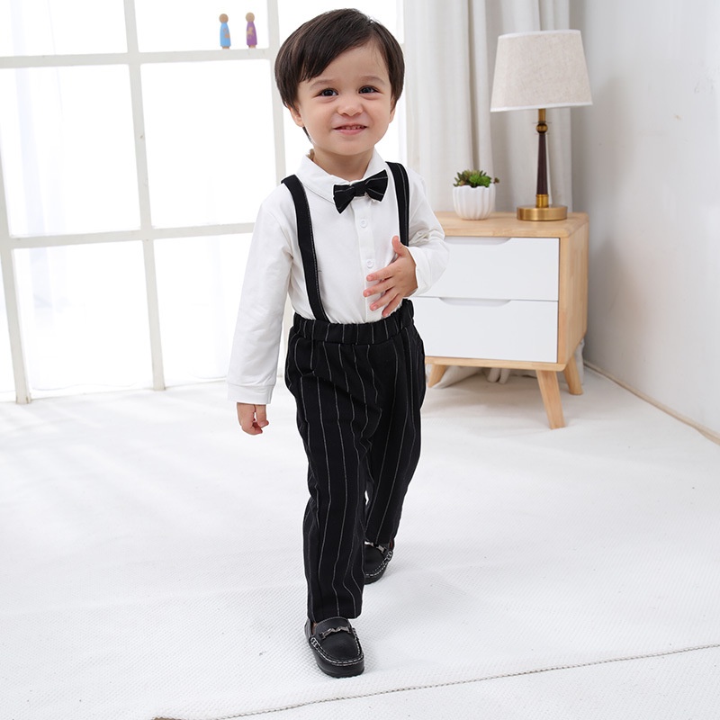 Đồ bộ bé trai, Set công tử dài tay quần yếm sọc nơ cài cực đẹp cho bé từ 7 đến 18 kg, SUN KID'S