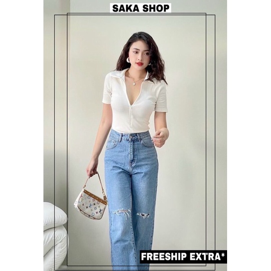 Áo croptop nữ cổ sơ mi dây kéo khoá phía trước