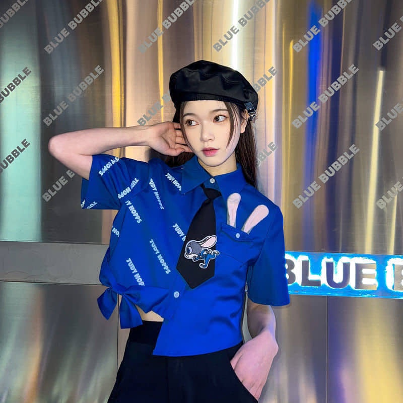 Set áo sơ mi xanh croptop vạt lệch phối nửa màu tai thỏ xinh + chân váy chữ A dài thắt nơ tone xanh