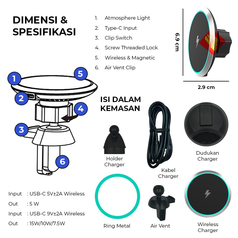 Bộ Sạc Không Dây 15w Có Nam Châm Gắn Lỗ Thông Gió Xe Hơi