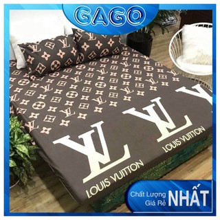 Ga gối poly, bộ ga gối drap giường, set 1 ga giường + 2 vỏ gối LV nâu Gago