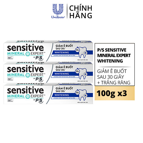 Bộ 3 Hộp Kem đánh răng P/S giảm ê buốt sau 30 giây Sensitive Mineral Expert Whitening với tác động từ khoáng 100g