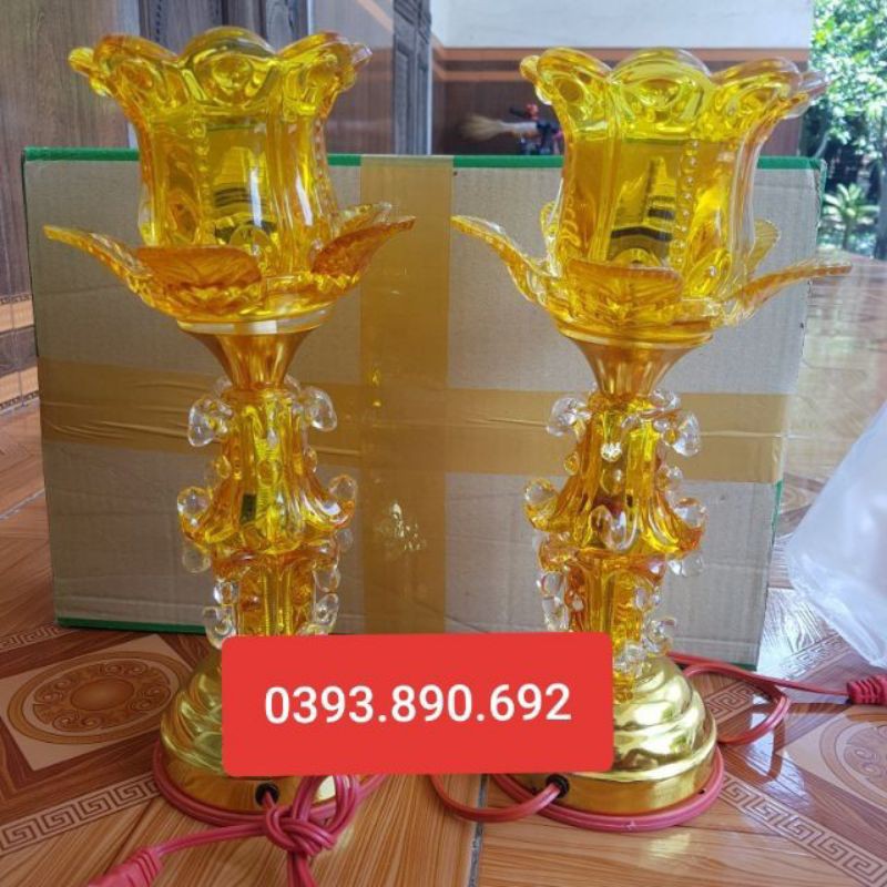 Đèn thờ thủy tinh LED hoa sen 1 bông cao 30cm( 1 đôi)