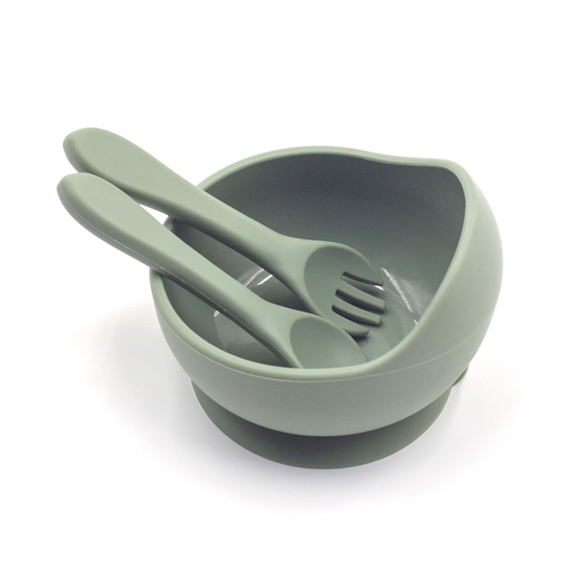 Bộ 3 Món Tô &amp; Muỗng / Nĩa Bằng Silicone Không BPA Có Giác Hút Chống Trượt Cho Bé Sơ Sinh